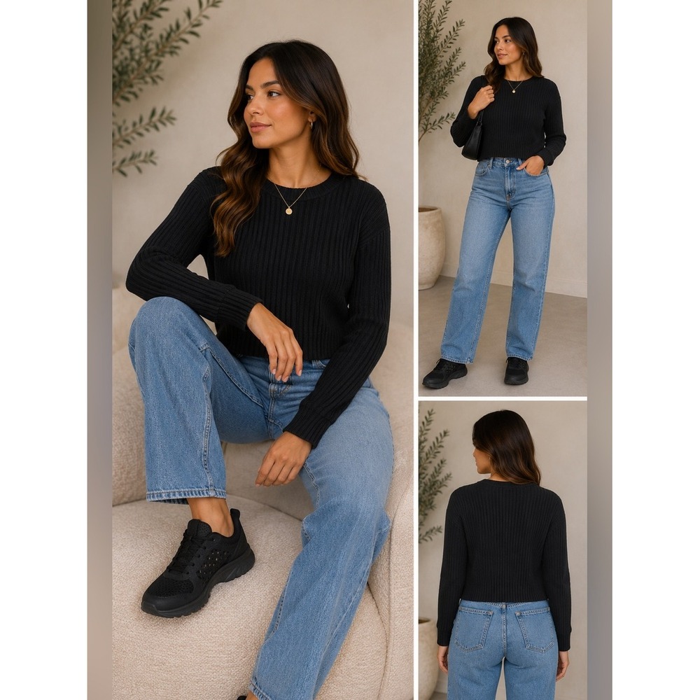 UK2LA Knit Sweater‎ Ribbed Crew Neck Pullover Casual Comfy Black Size Small